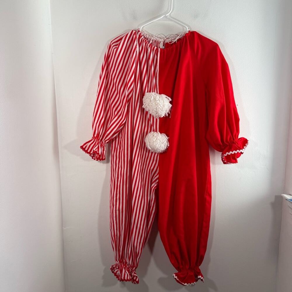 Vintage 80s 90s Clown Red White Stripe Pom Pom Halloween Costume Kids Medium - Picture 2 of 11